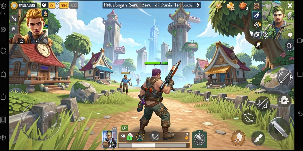 Tampilan gameplay MEGA338 yang menampilkan eksplorasi dunia terbuka.