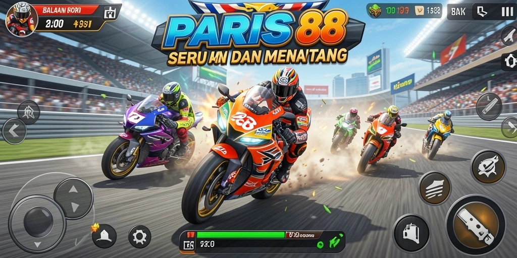 Tangkapan layar PARIS88 menunjukkan aksi balapan motor yang seru dan mendebarkan.